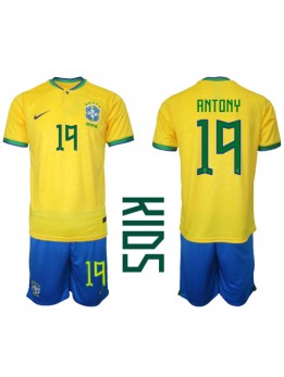 Brasilien Antony #19 Replika Hemmakläder Barn VM 2022 Kortärmad (+ byxor)